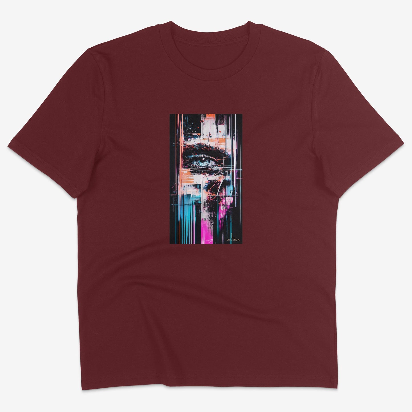 Flatlay of Lucenza Chaos 1.0 t-shirt in burgundy—urban streetwear with unapologetic attitude