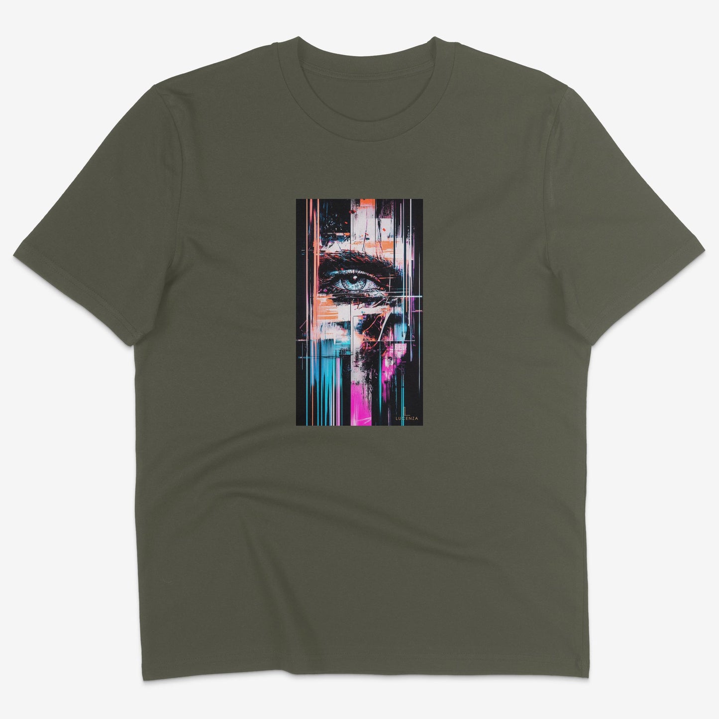 Flatlay of Lucenza Chaos 1.0 t-shirt in khaki—urban streetwear with unapologetic attitude