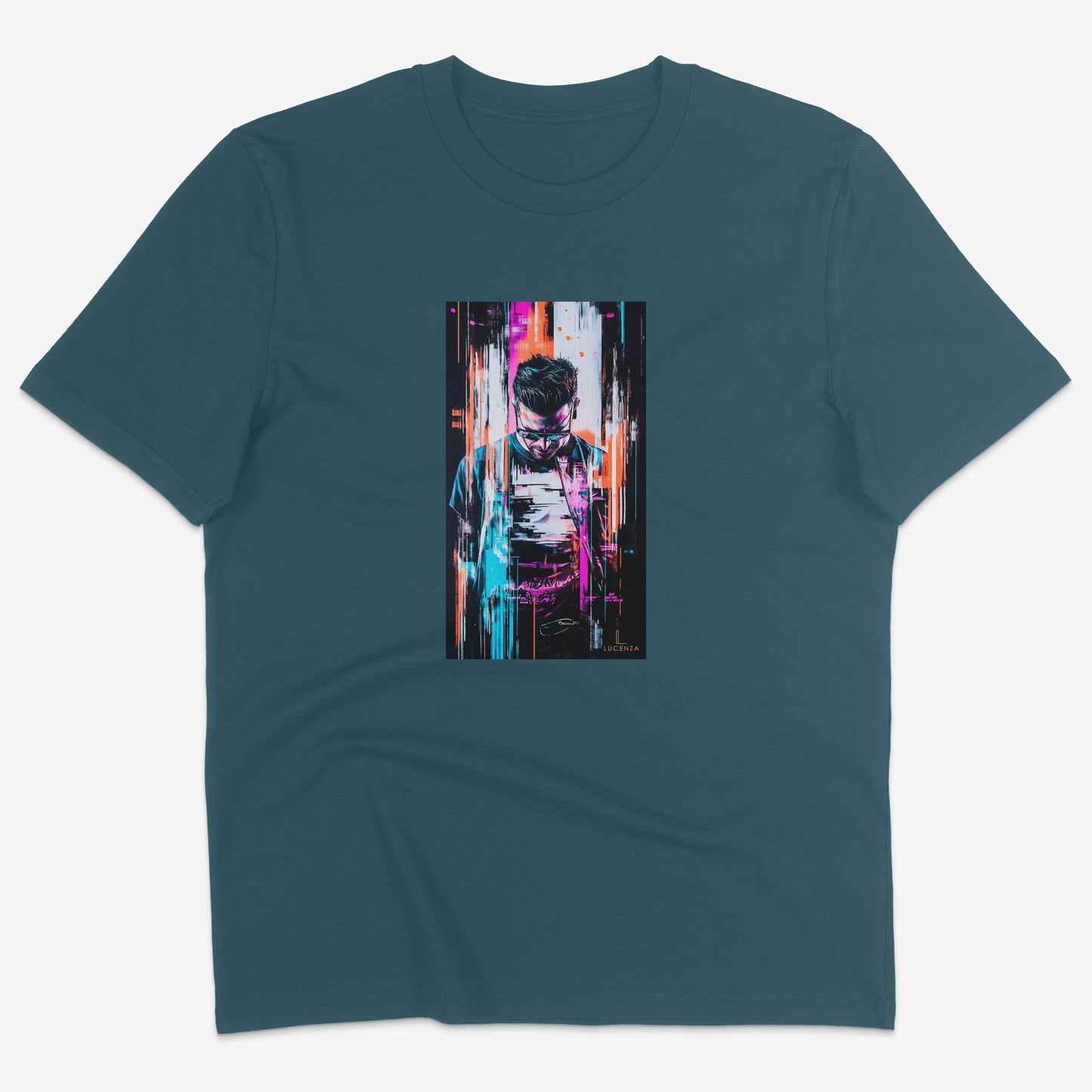 Flatlay of Lucenza Chaos 6.0 t-shirt in teal—urban streetwear with unapologetic attitude