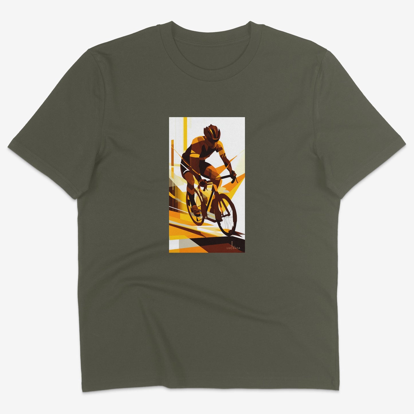 Flatlay of Lucenza cycling t-shirt in khaki-with artistic graphic