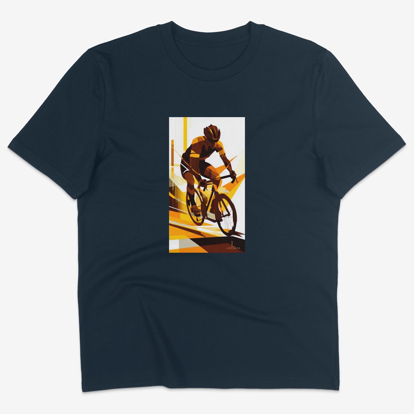 Flatlay of Lucenza cycling t-shirt in navy-with artistic graphic