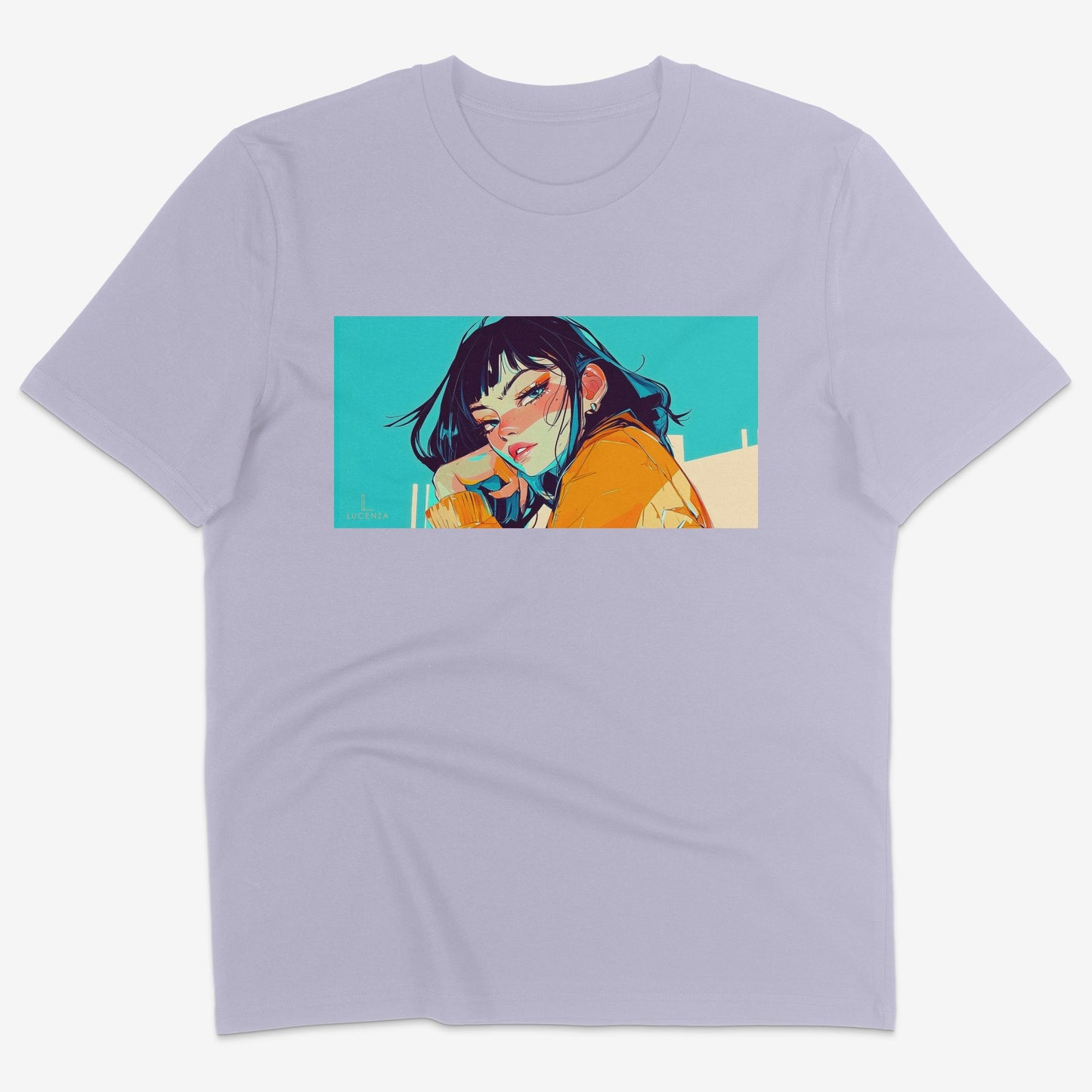 Flatlay of Lucenza Fierce 1.0 t-shirt in lavender-with manga design