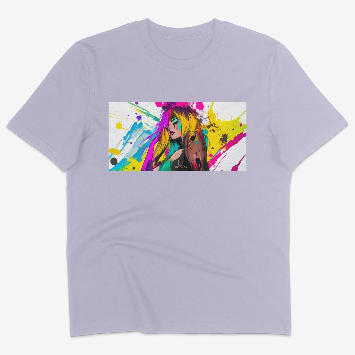 Flatlay of Lucenza Fierce 2.0 t-shirt in lavender-with manga design