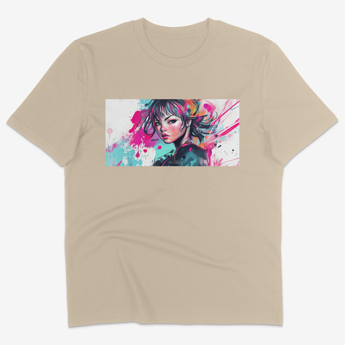 Flatlay of Lucenza Fierce 3.0 t-shirt in desert-with manga design