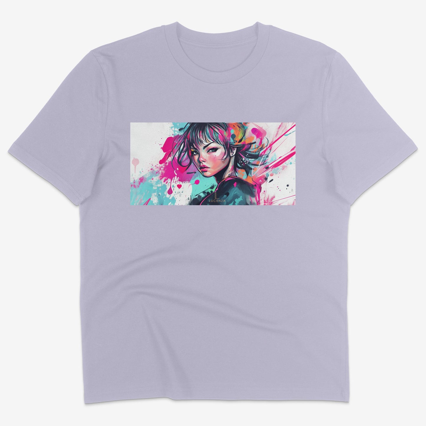 Flatlay of Lucenza Fierce 3.0 t-shirt in lavender-with manga design
