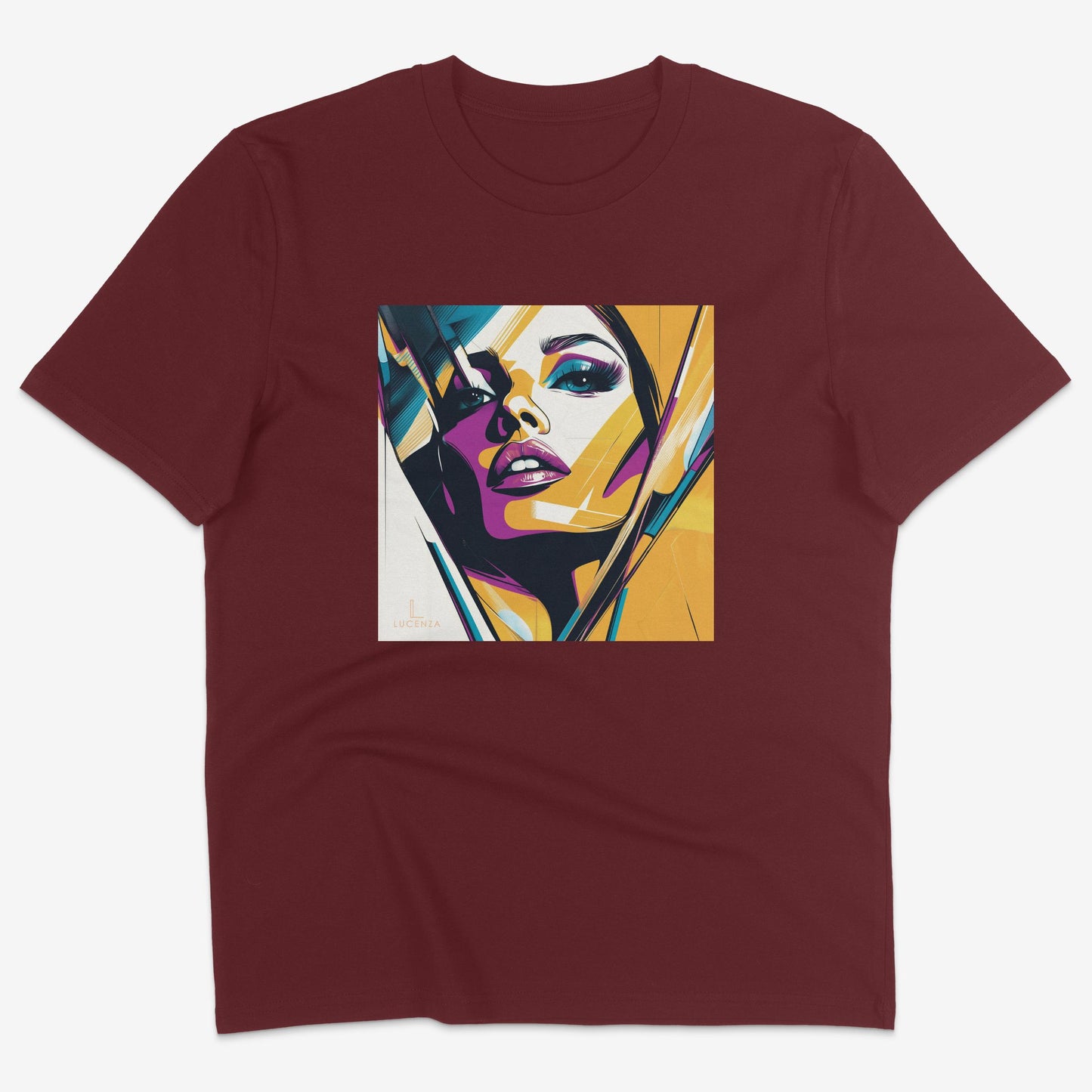 Flatlay of Lucenza Flair 3.0 t-shirt in burgundy—showcasing bold expressive graphics