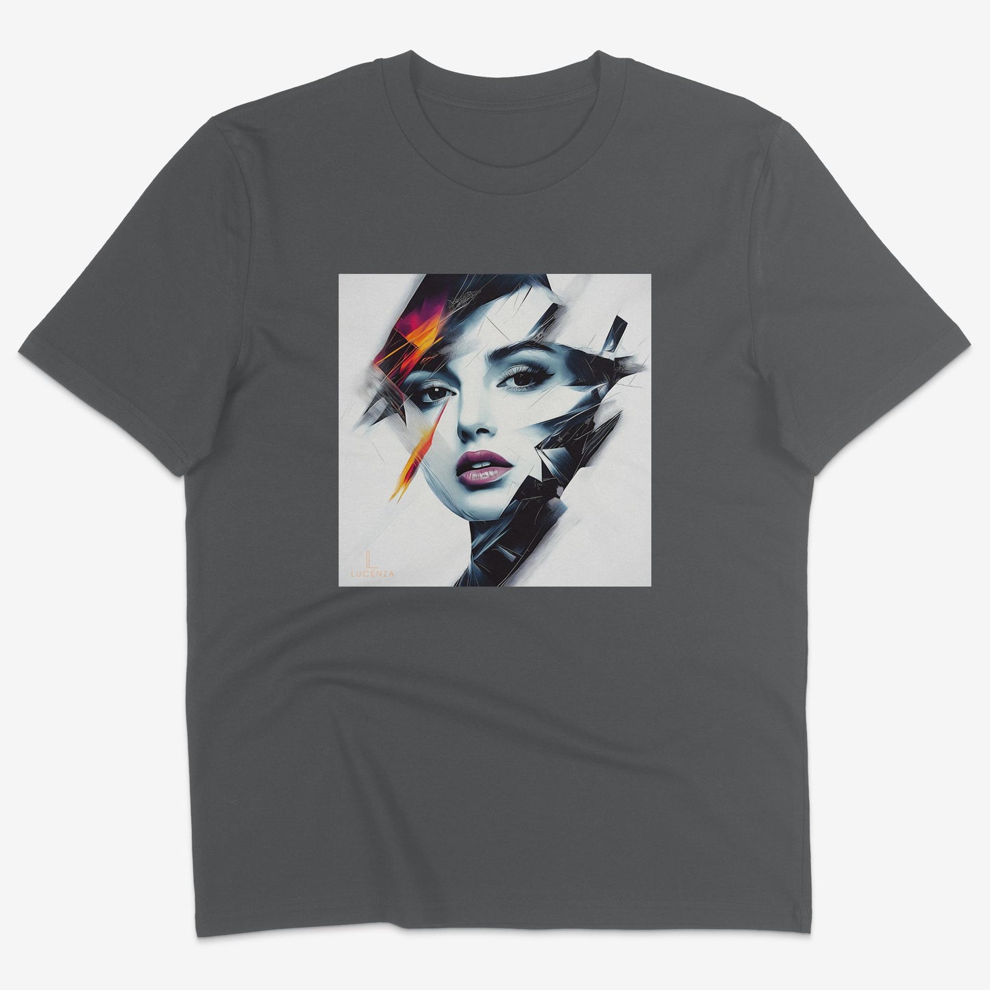 Flatlay of Lucenza Prism 1.0 t-shirt in antharcite—showcasing bold visual contrasts