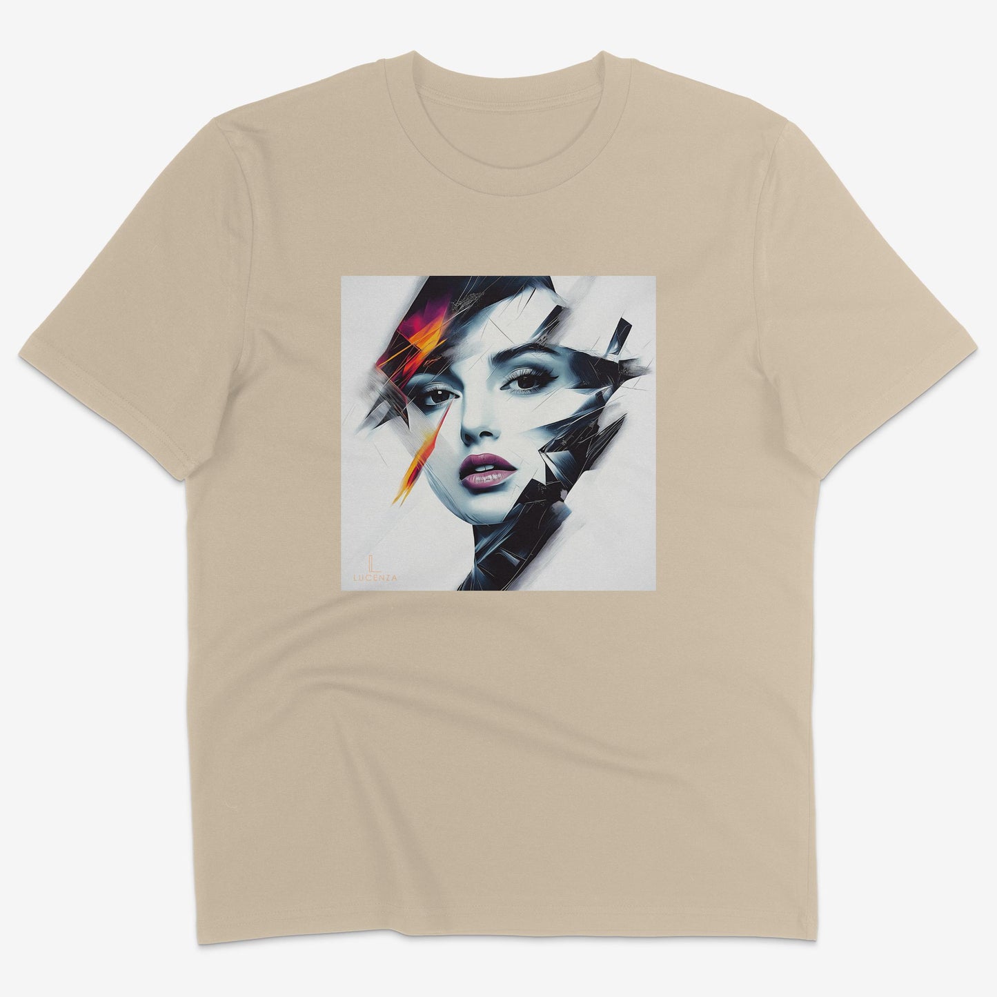 Flatlay of Lucenza Prism 1.0 t-shirt in desert—showcasing bold visual contrasts