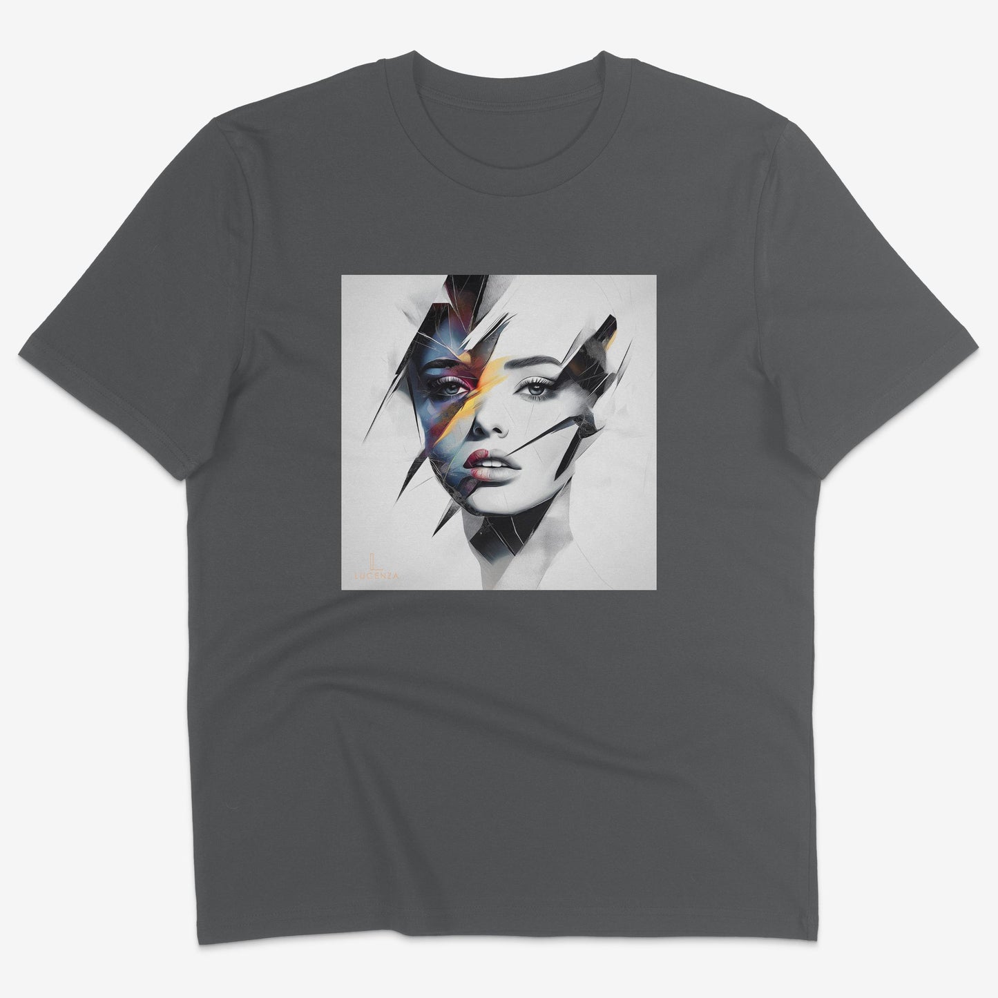 Flatlay of Lucenza Prism 2.0 t-shirt in anthracite—showcasing bold visual contrasts
