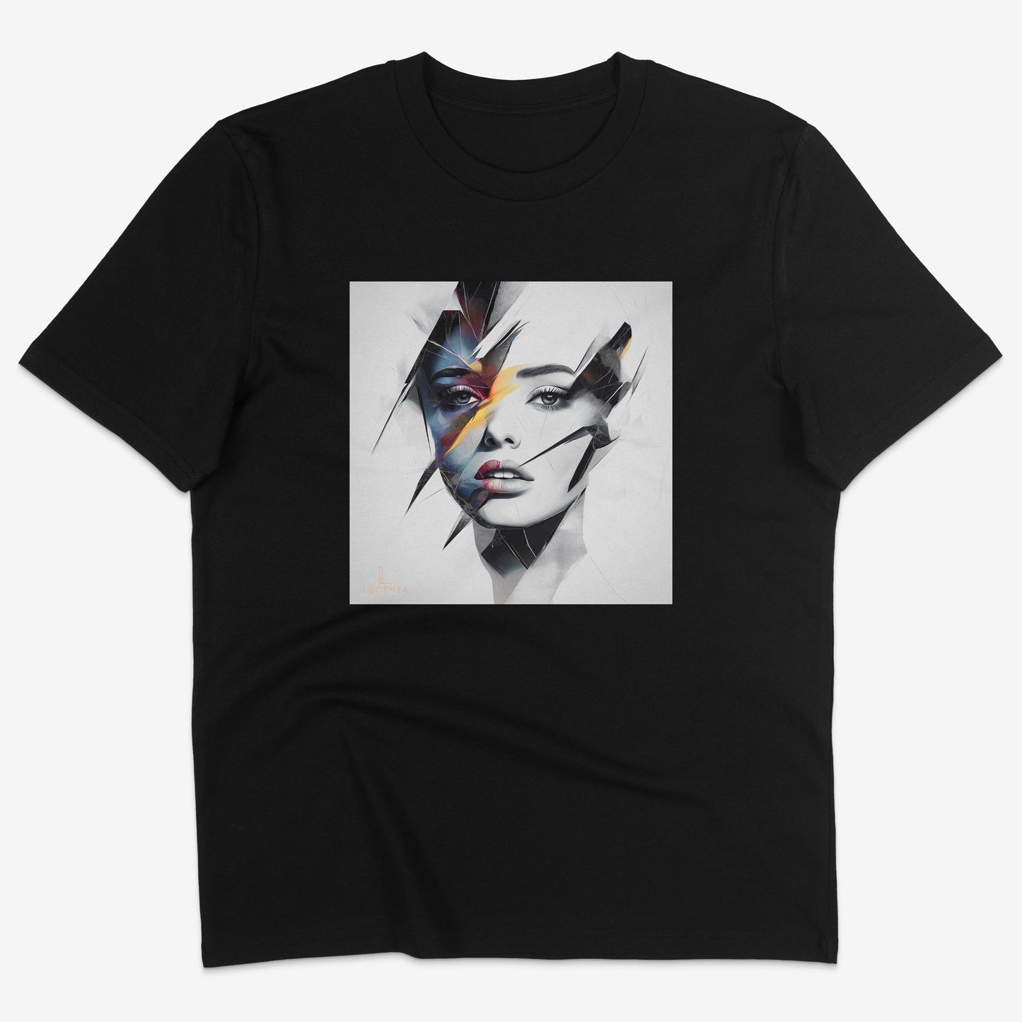 Flatlay of Lucenza Prism 2.0 t-shirt in black—showcasing bold visual contrasts