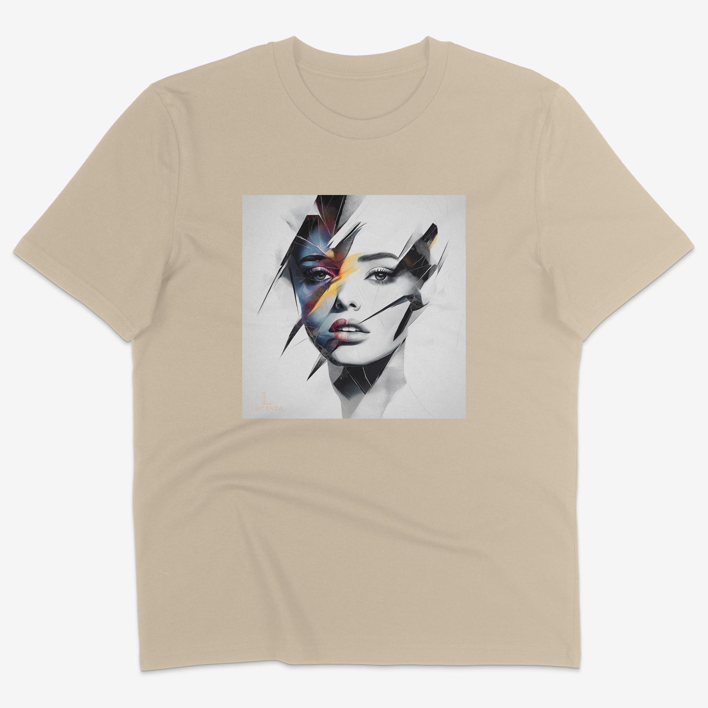 Flatlay of Lucenza Prism 2.0 t-shirt in desert—showcasing bold visual contrasts
