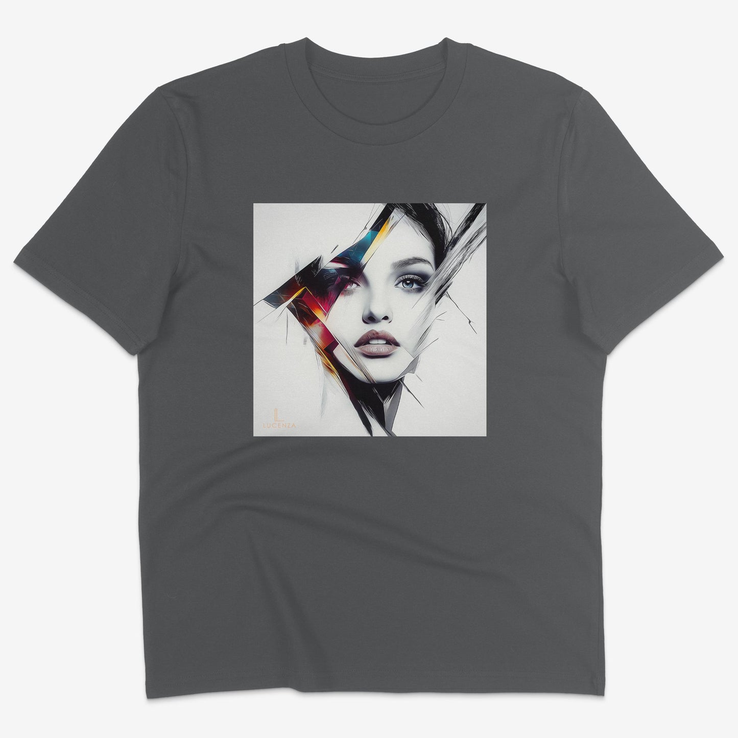 Flatlay of Lucenza Prism 3.0 t-shirt in antharcite—showcasing bold visual contrasts