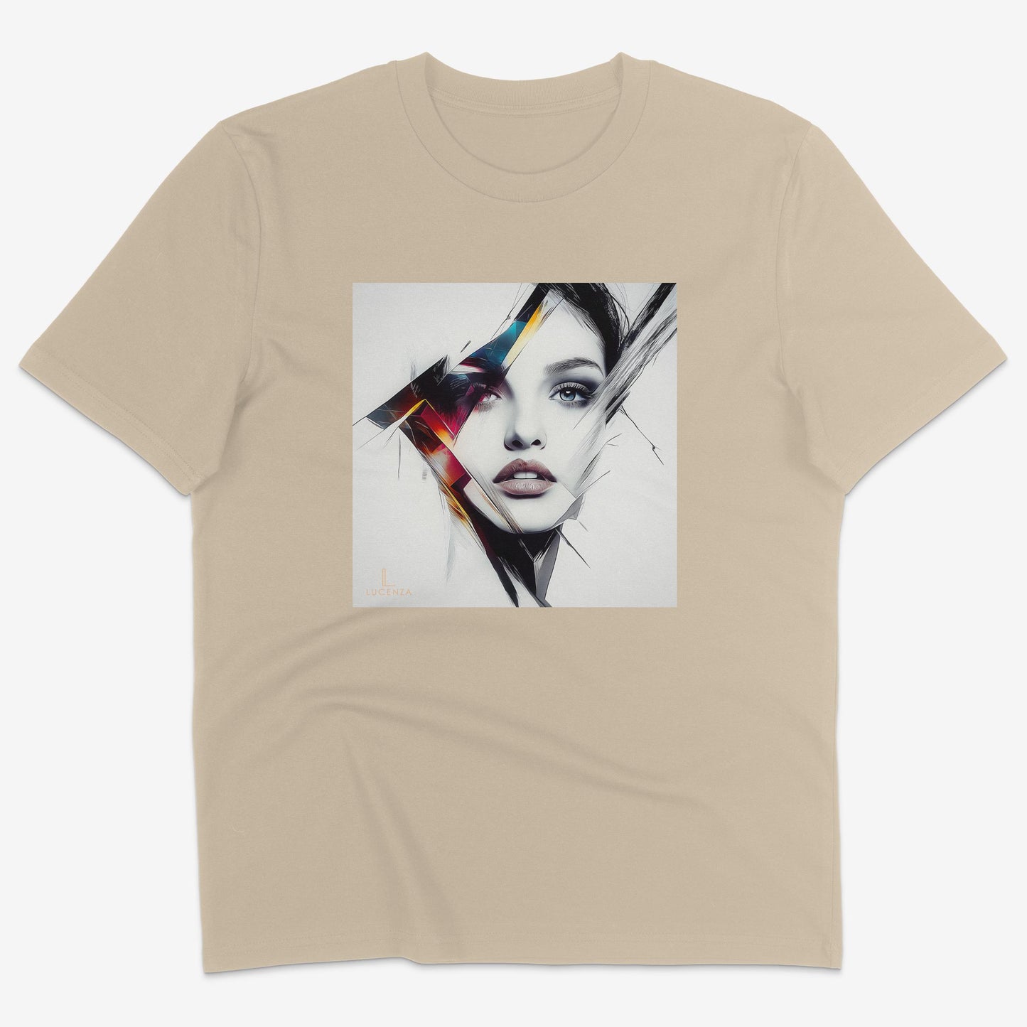 Flatlay of Lucenza Prism 3.0 t-shirt in desert—showcasing bold visual contrast