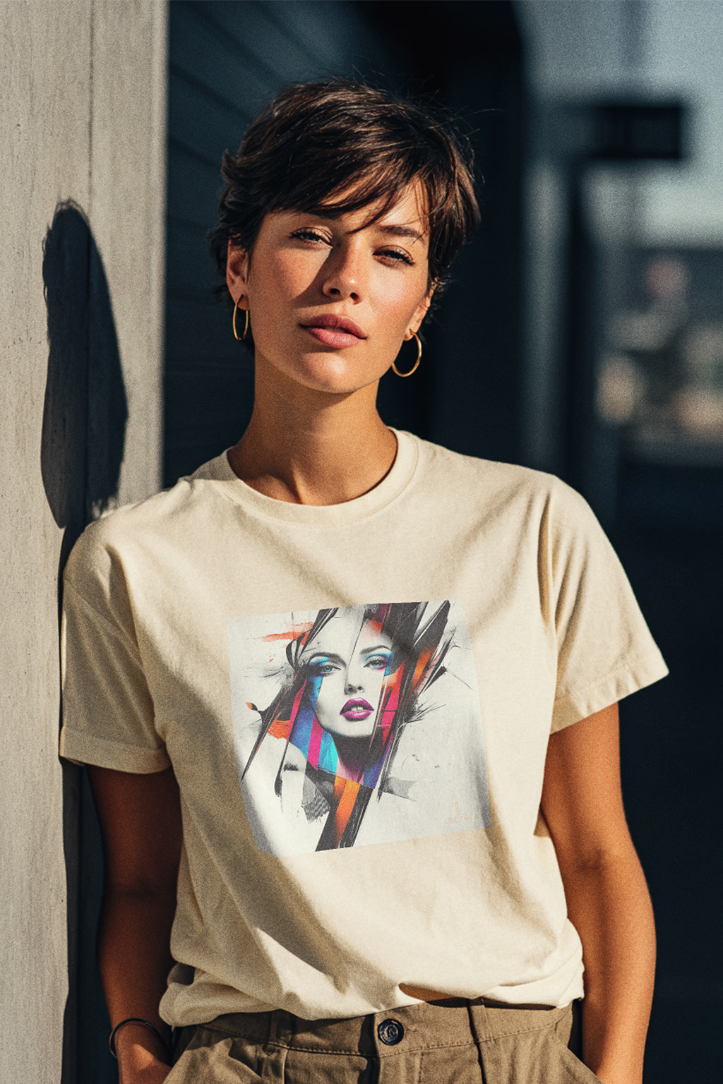 Person wearing a lucenza prism beige t-shirt with a graphic design, standing against a blurred urban background.