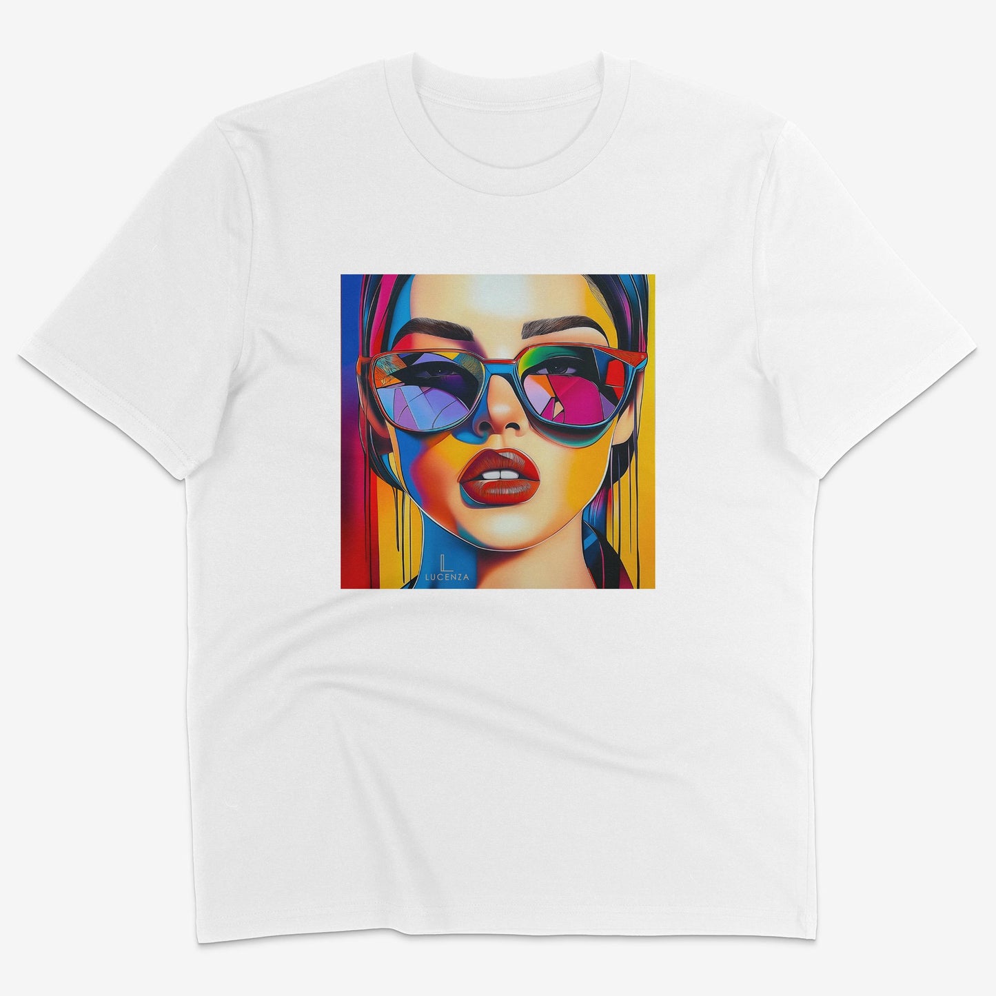 Flatlay of Lucenza Spark 1.0 t-shirt in white—bold iconic graphics