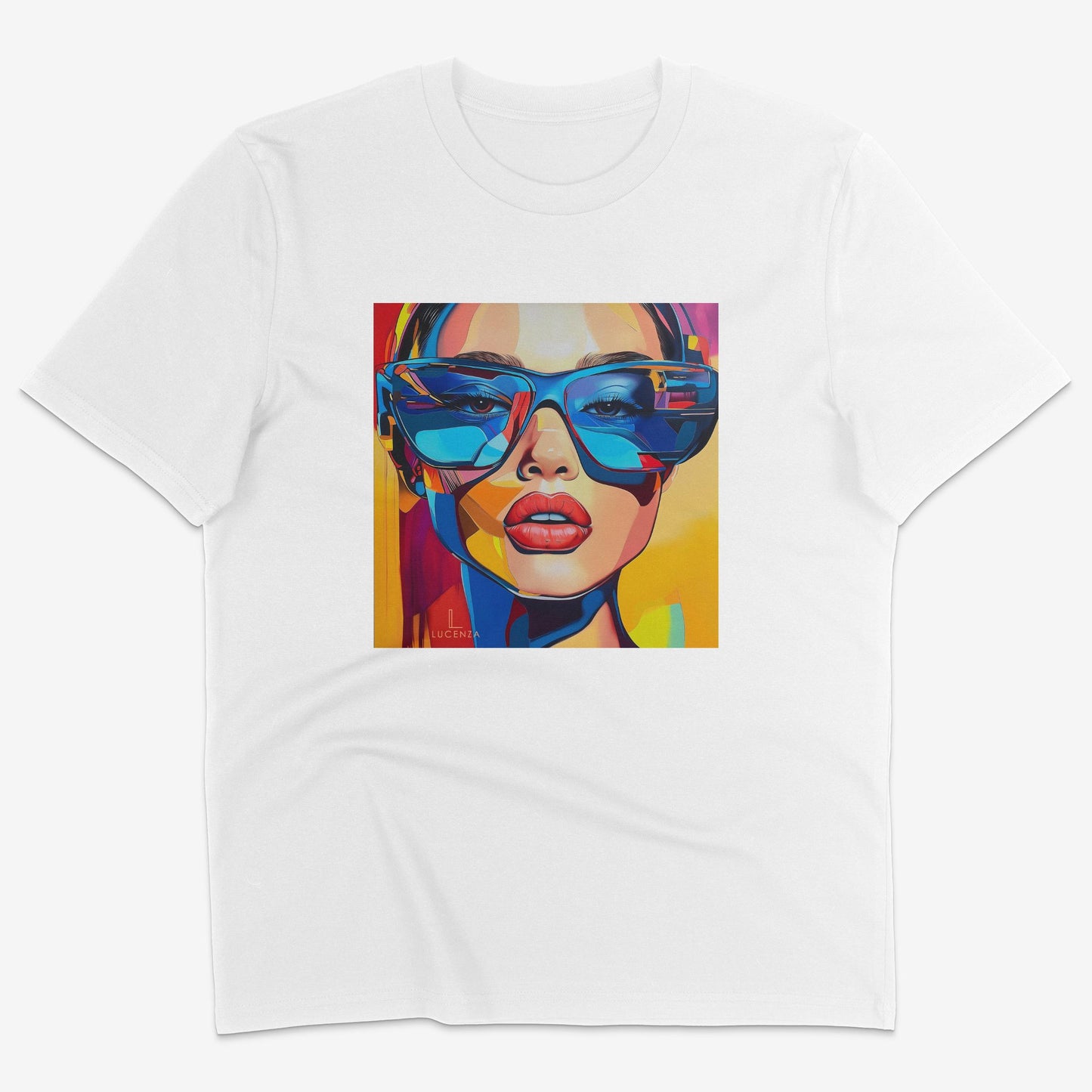 Flatlay of Lucenza Spark 3.0 t-shirt in white—bold iconic graphics