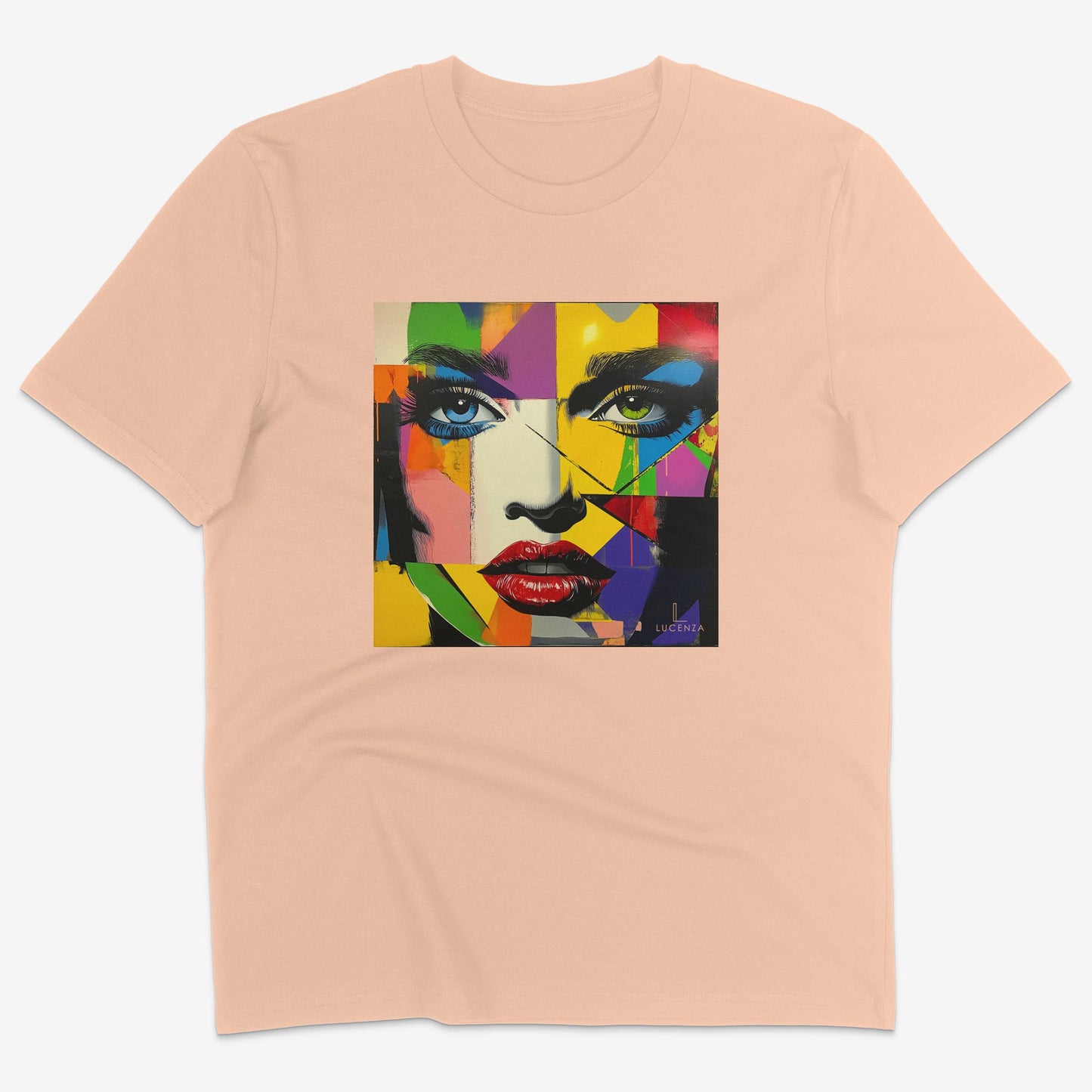 Flatlay of Lucenza Vivid 1.0 t-shirt in fraiche-peche-with artistic design