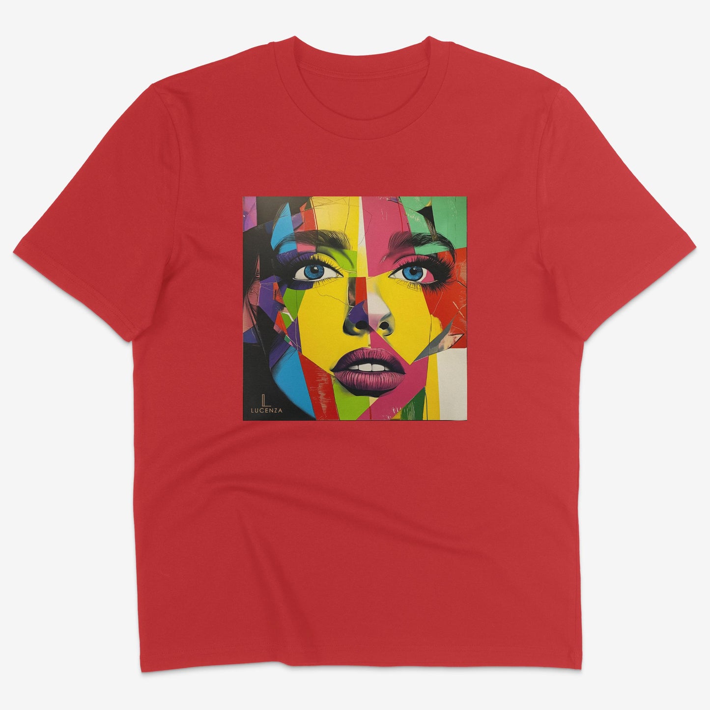 Flatlay of Lucenza Vivid 3.0 t-shirt in red-with artistic design