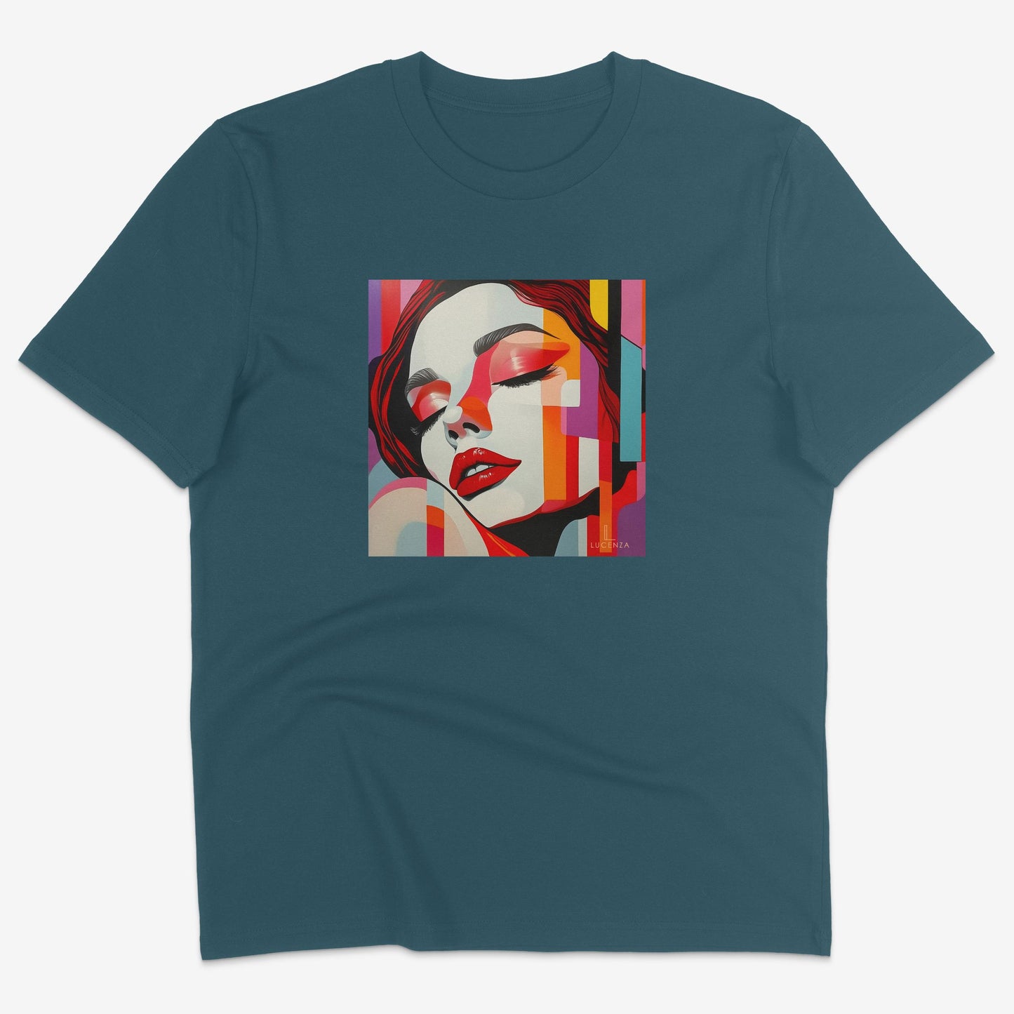 Flatlay of Lucenza Vivid 4.0 t-shirt in teal-with artistic design
