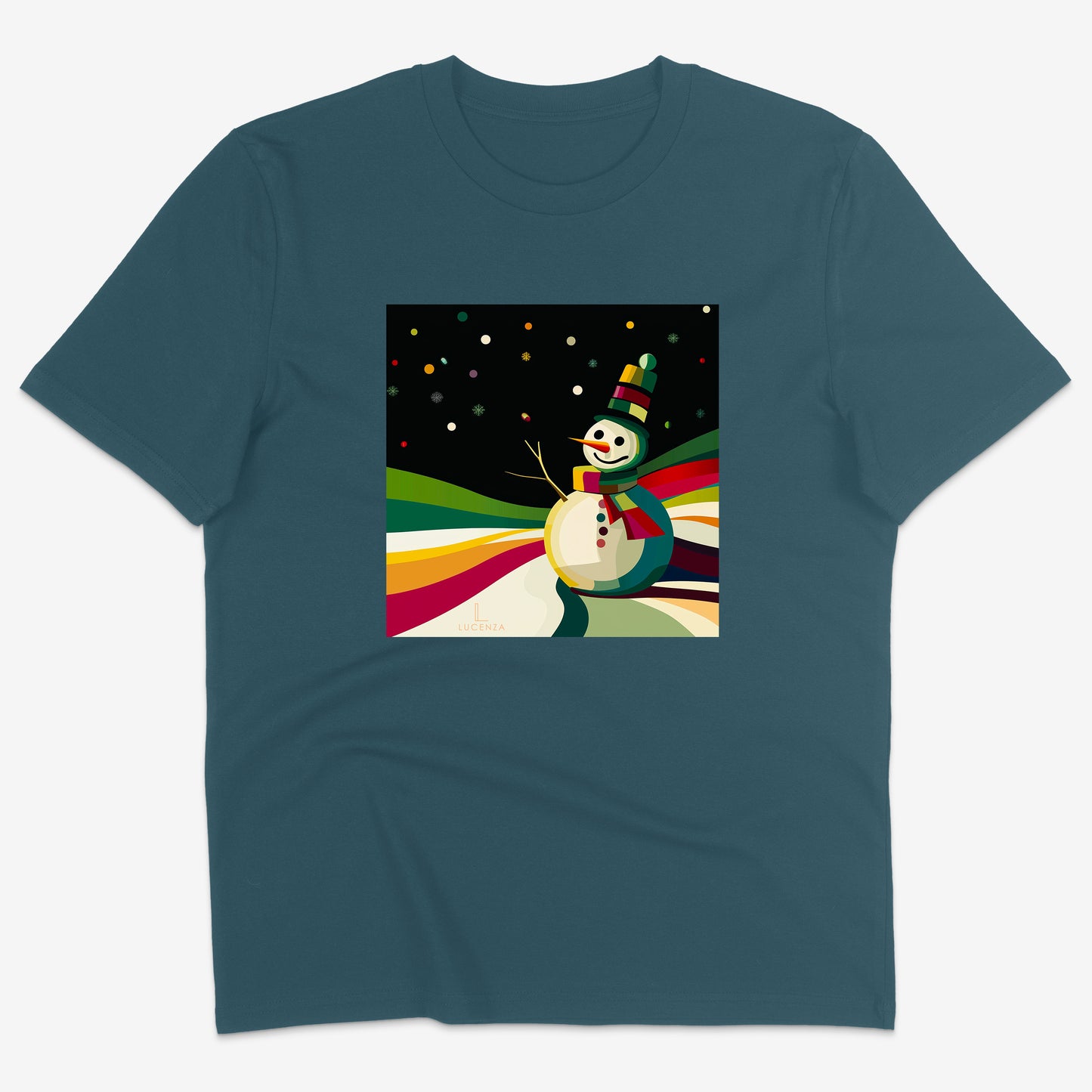 Teal t-shirt with a colourful snowman design