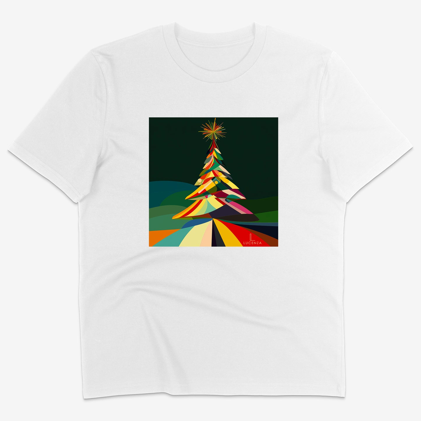 White t-shirt with a colourful abstract Christmas tree design