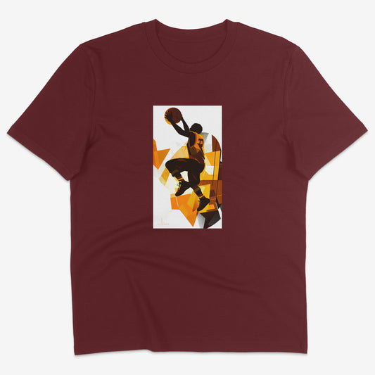 Flatlay of Lucenza basketball t-shirt in burgundy-with artistic graphic
