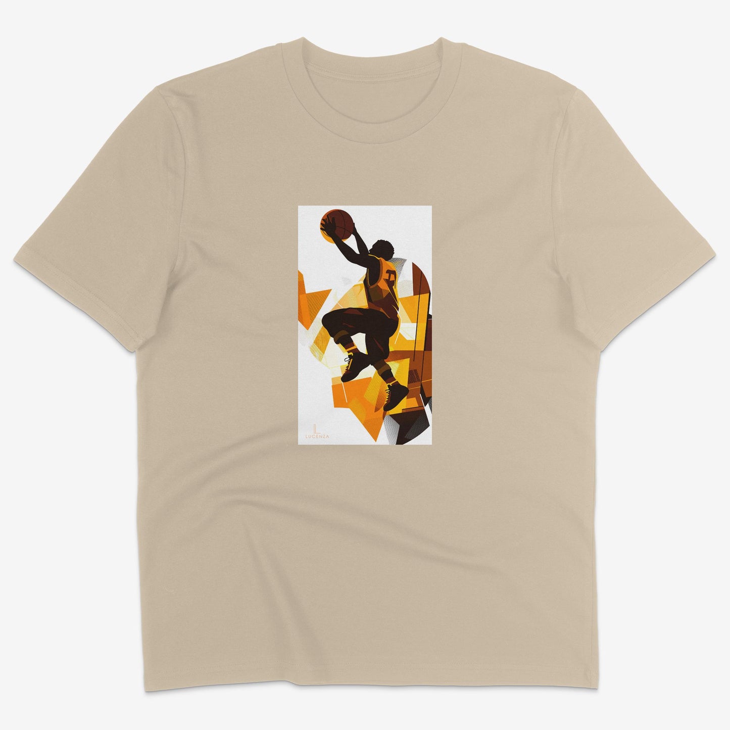 Flatlay of Lucenza basketball t-shirt in desert colour-with artistic graphic