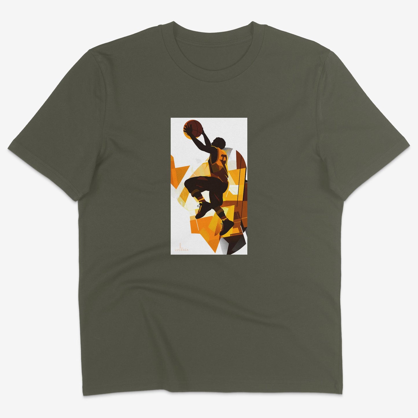 Flatlay of Lucenza basketball t-shirt in khaki-with artistic graphic
