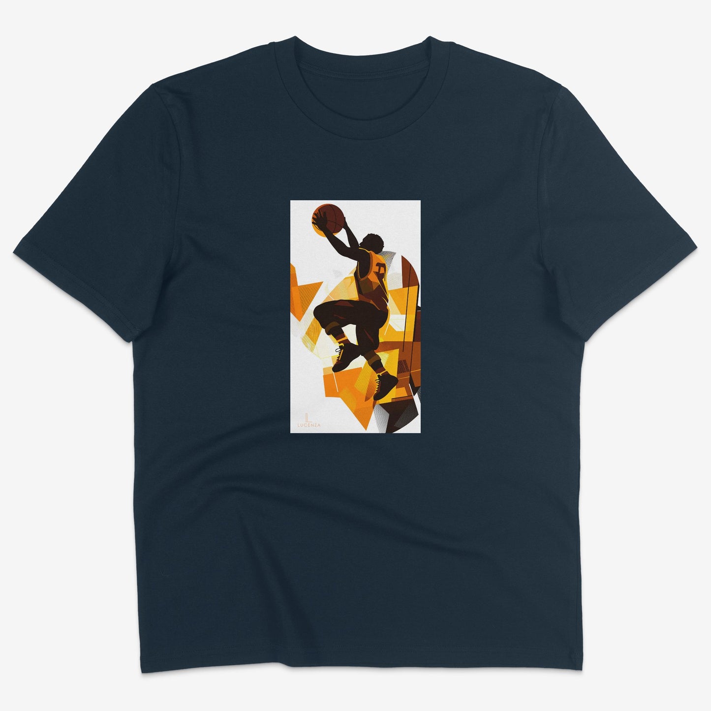 Flatlay of Lucenza basketball t-shirt in navy-with artistic graphic