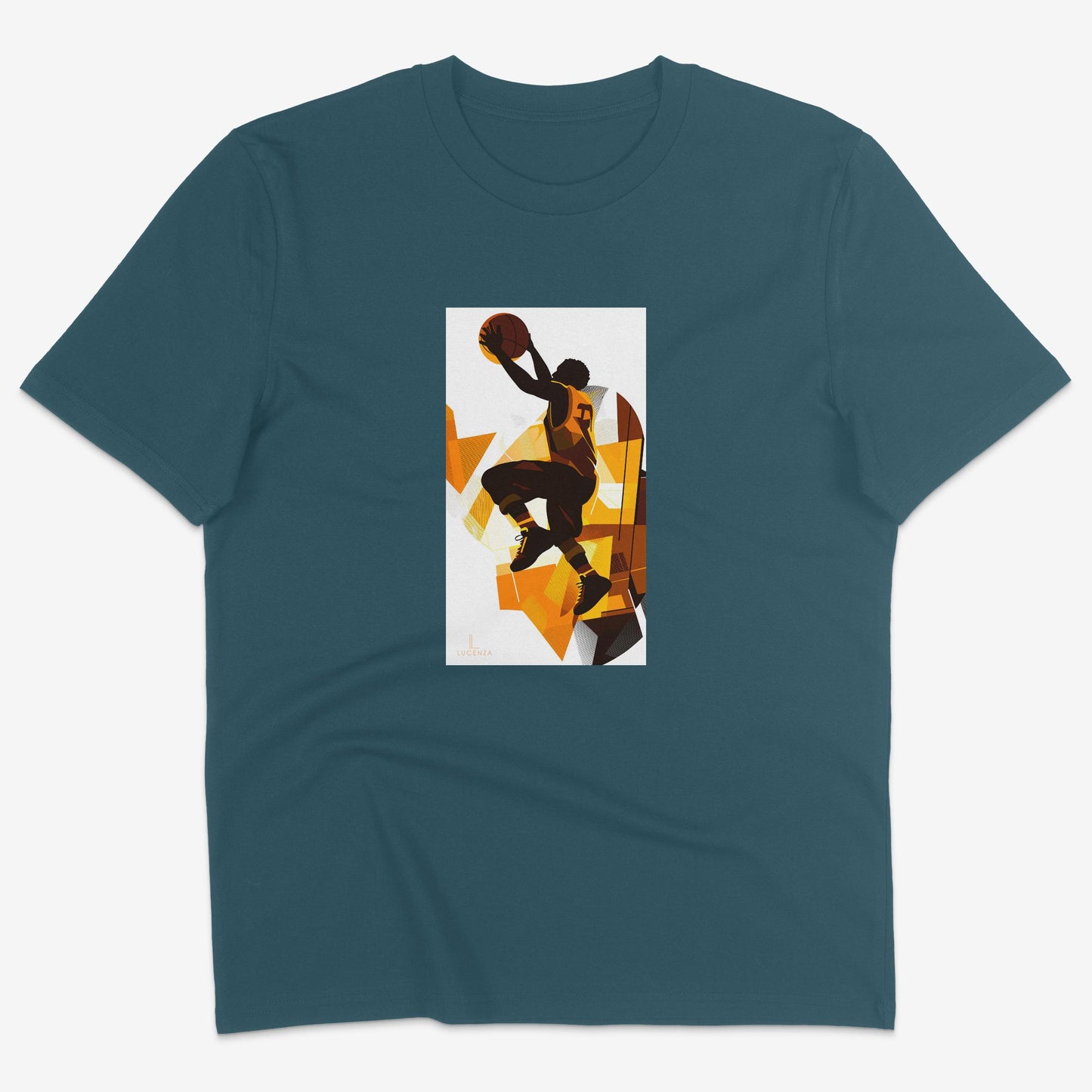 Flatlay of Lucenza basketball t-shirt in teal-with artistic graphic