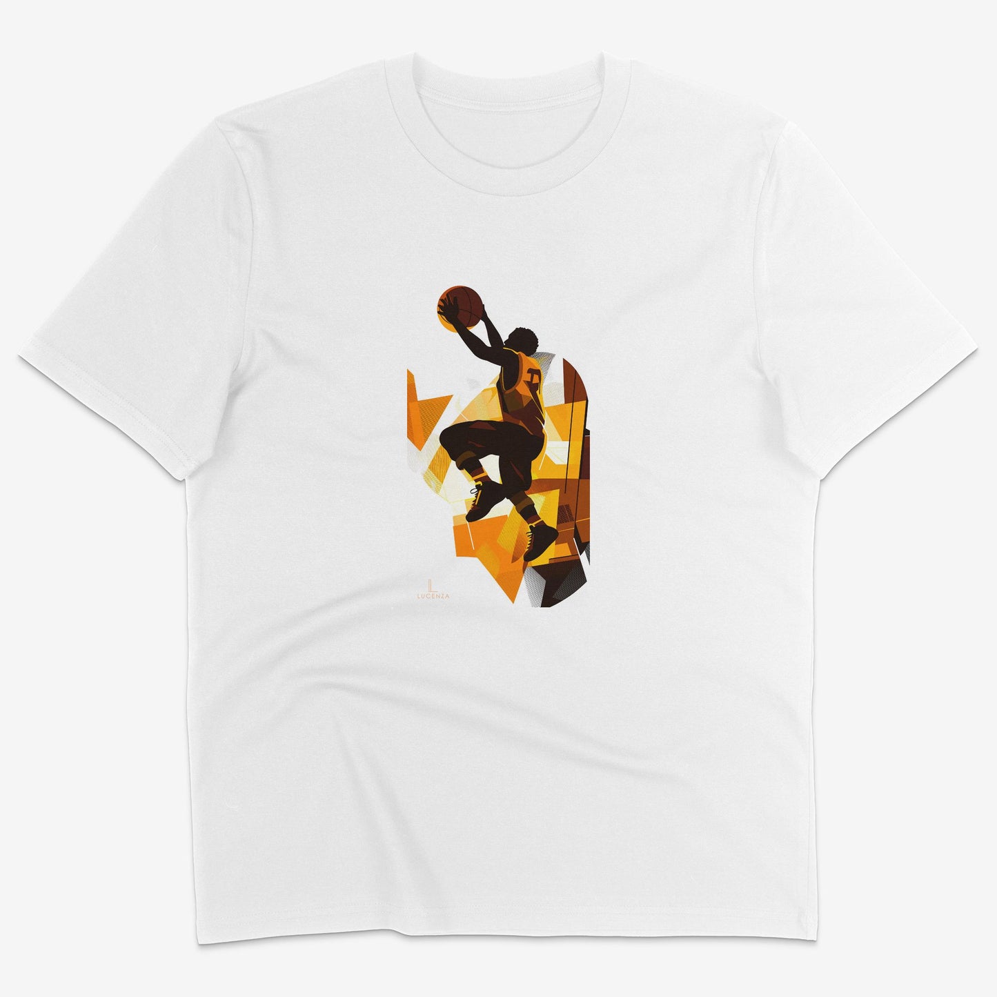 Flatlay of Lucenza basketball t-shirt in white-with artistic graphic