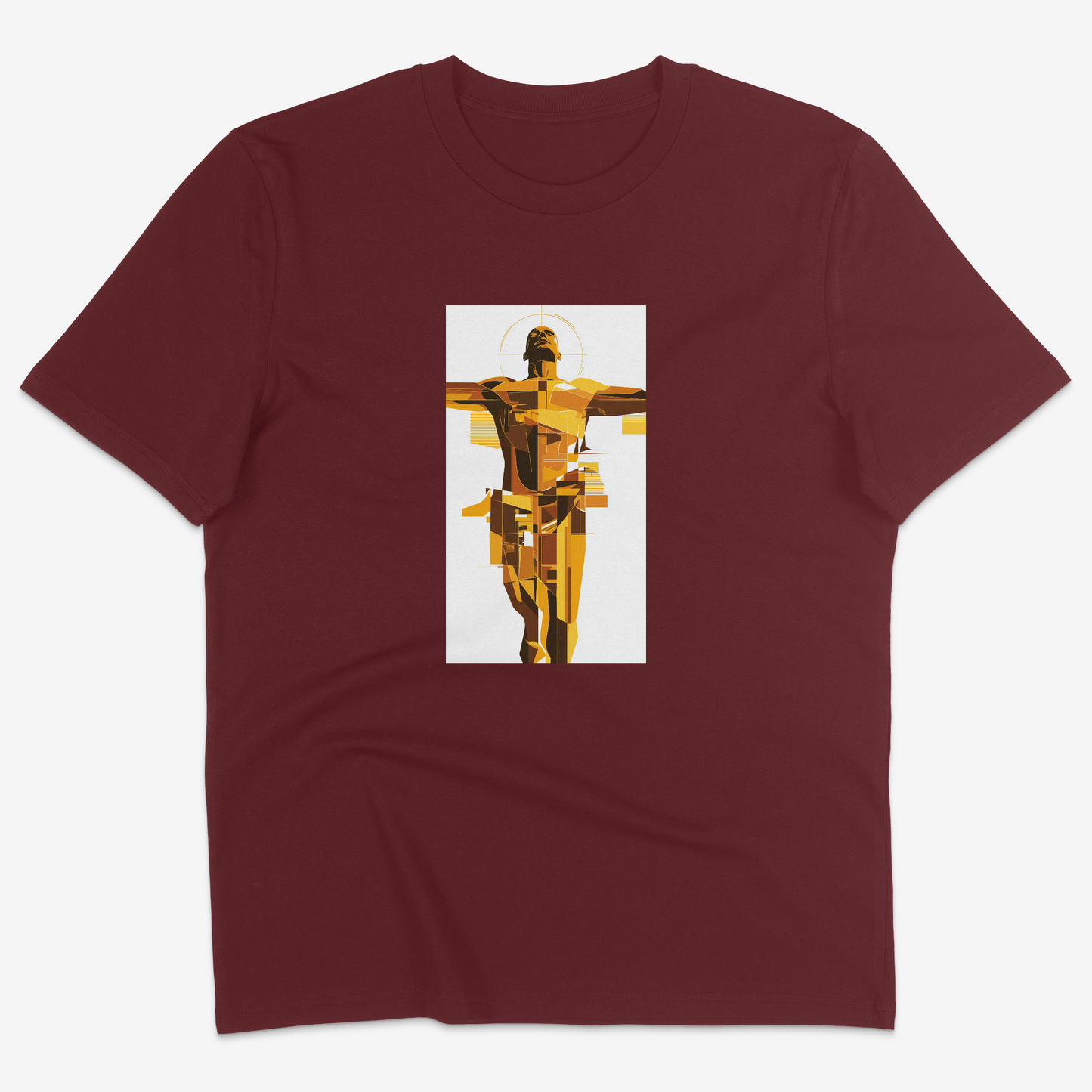 Flatlay of Lucenza body t-shirt in burgundy-with artistic graphic