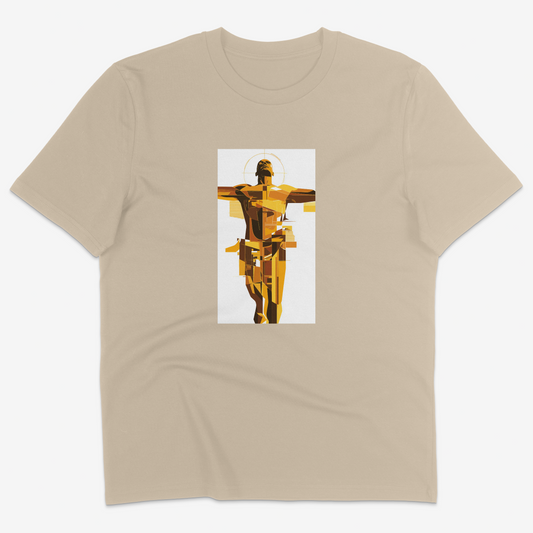 Flatlay of Lucenza body t-shirt in desert-colour-with artistic graphic