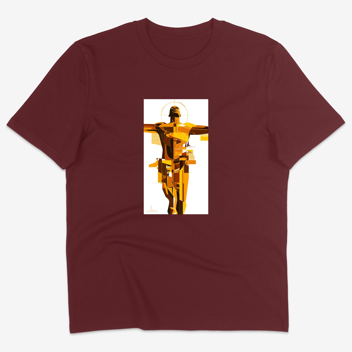 Flatlay of Lucenza bodytee t-shirt in burgundy-with artistic graphic