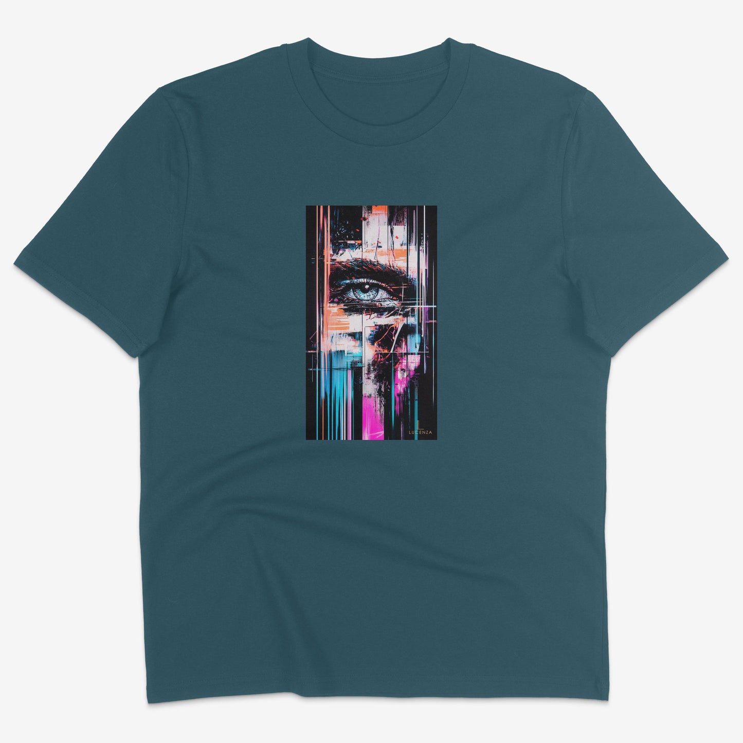 Flatlay of Lucenza Chaos 1.0 t-shirt in deep teal—urban streetwear with unapologetic attitude