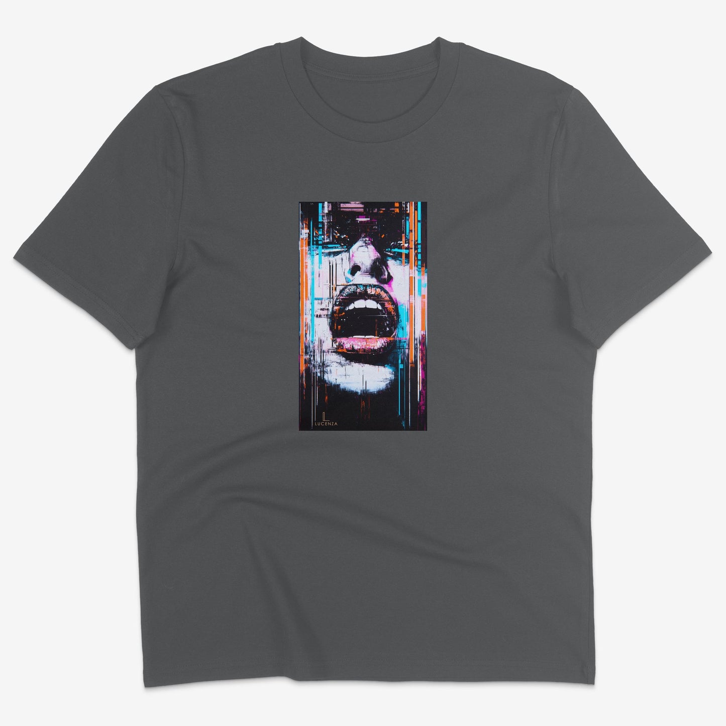 Flatlay of Lucenza Chaos 2.0 t-shirt in anthracite—urban streetwear with unapologetic attitude