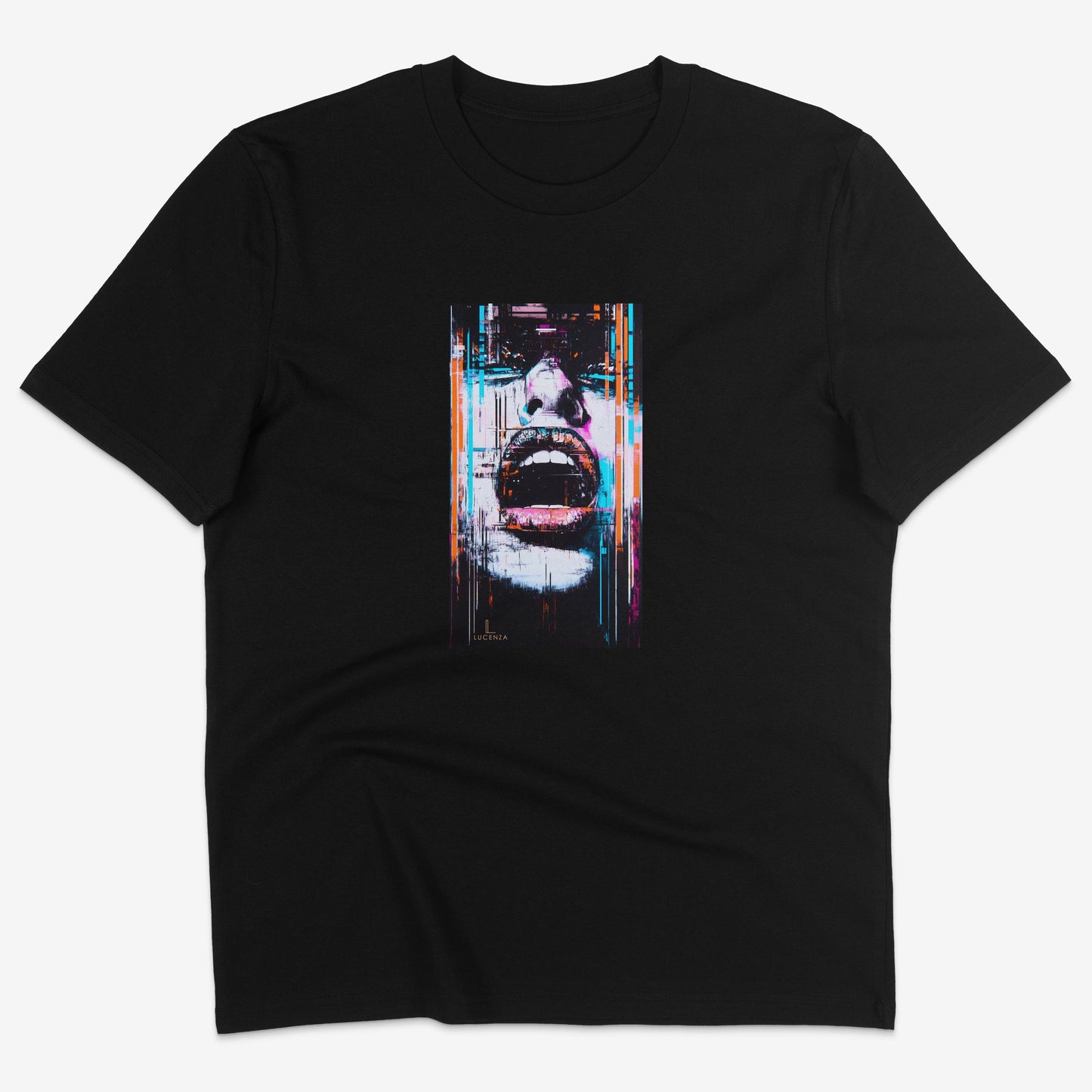 Flatlay of Lucenza Chaos 2.0 t-shirt in black—urban streetwear with unapologetic attitude