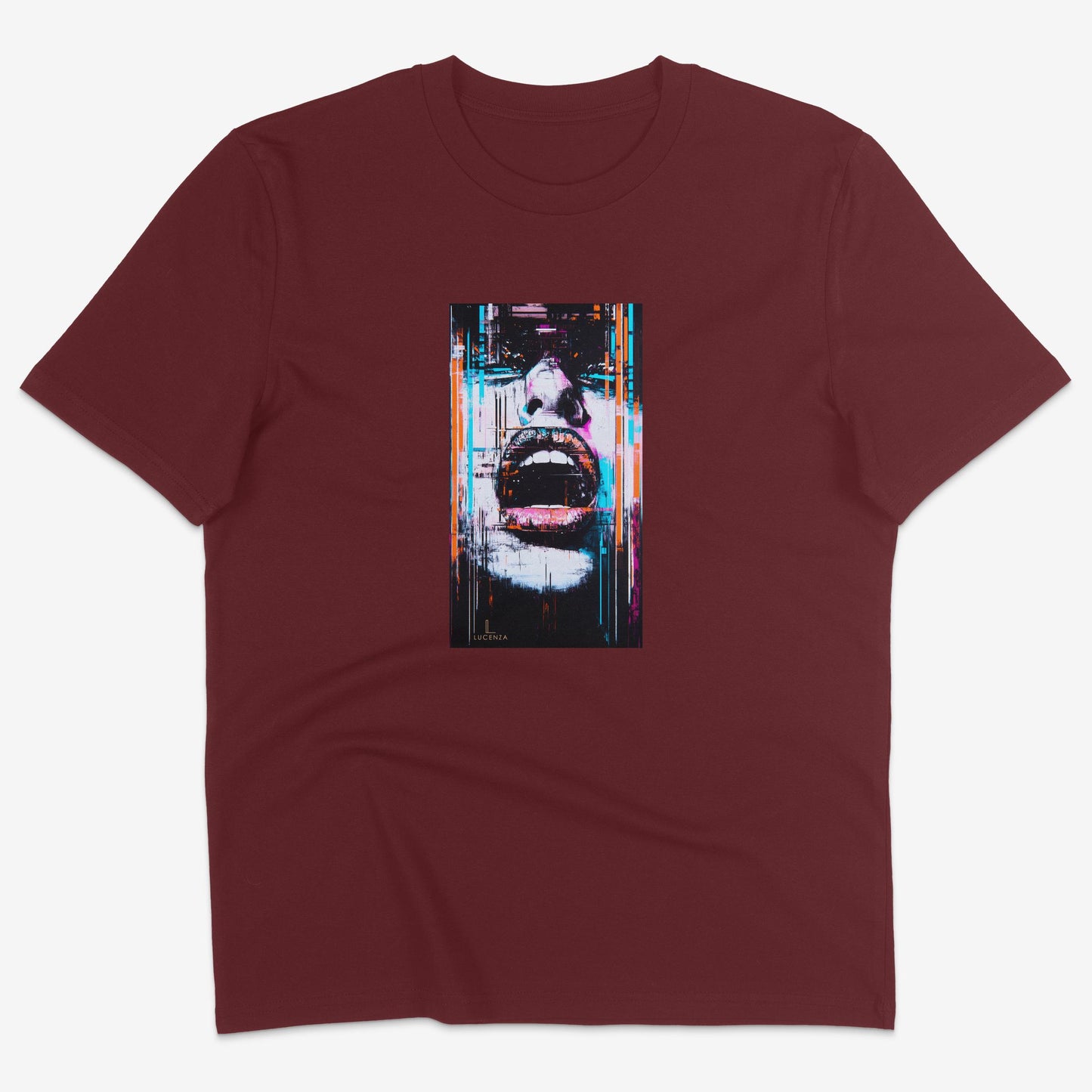 Flatlay of Lucenza Chaos 2.0 t-shirt in burgundy—urban streetwear with unapologetic attitude