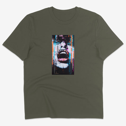 Flatlay of Lucenza Chaos 2.0 t-shirt in khaki—urban streetwear with unapologetic attitude