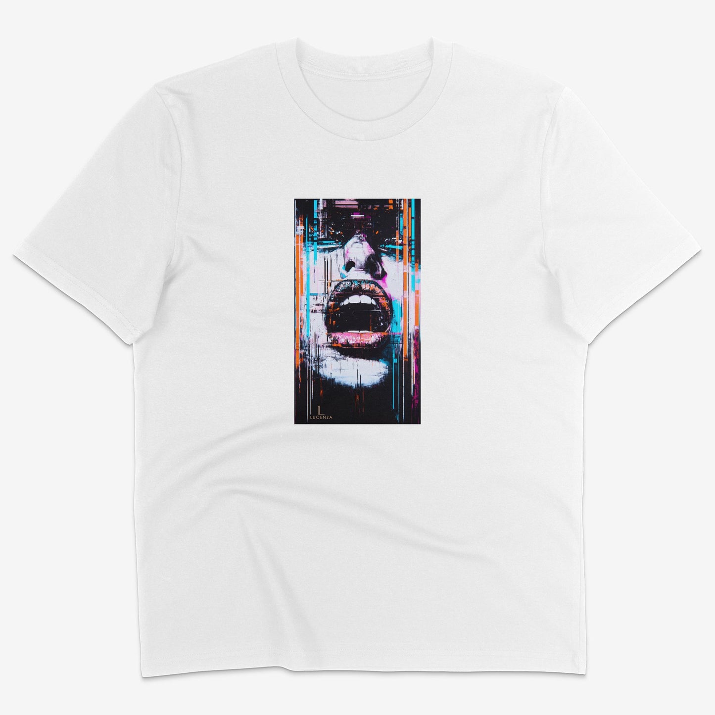 Flatlay of Lucenza Chaos 2.0 t-shirt in white—urban streetwear with unapologetic attitude