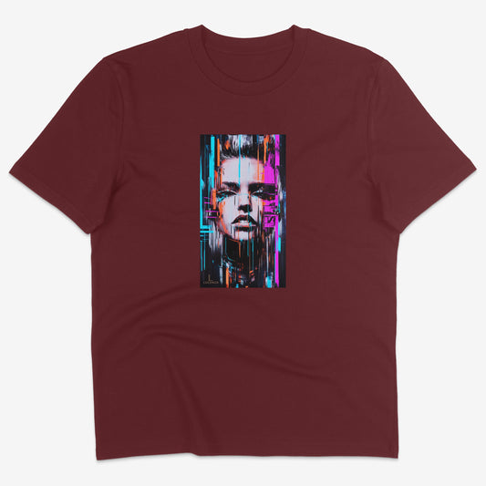 Flatlay of Lucenza Chaos 3.0 t-shirt in burgundy—urban streetwear with unapologetic attitude