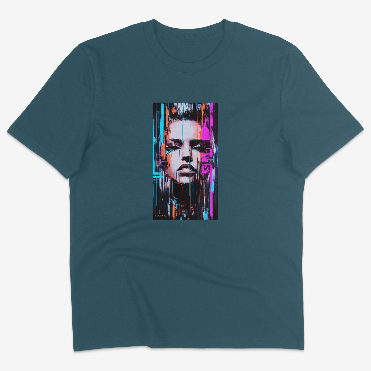 Flatlay of Lucenza Chaos 3.0 t-shirt in deep teal—urban streetwear with unapologetic attitude