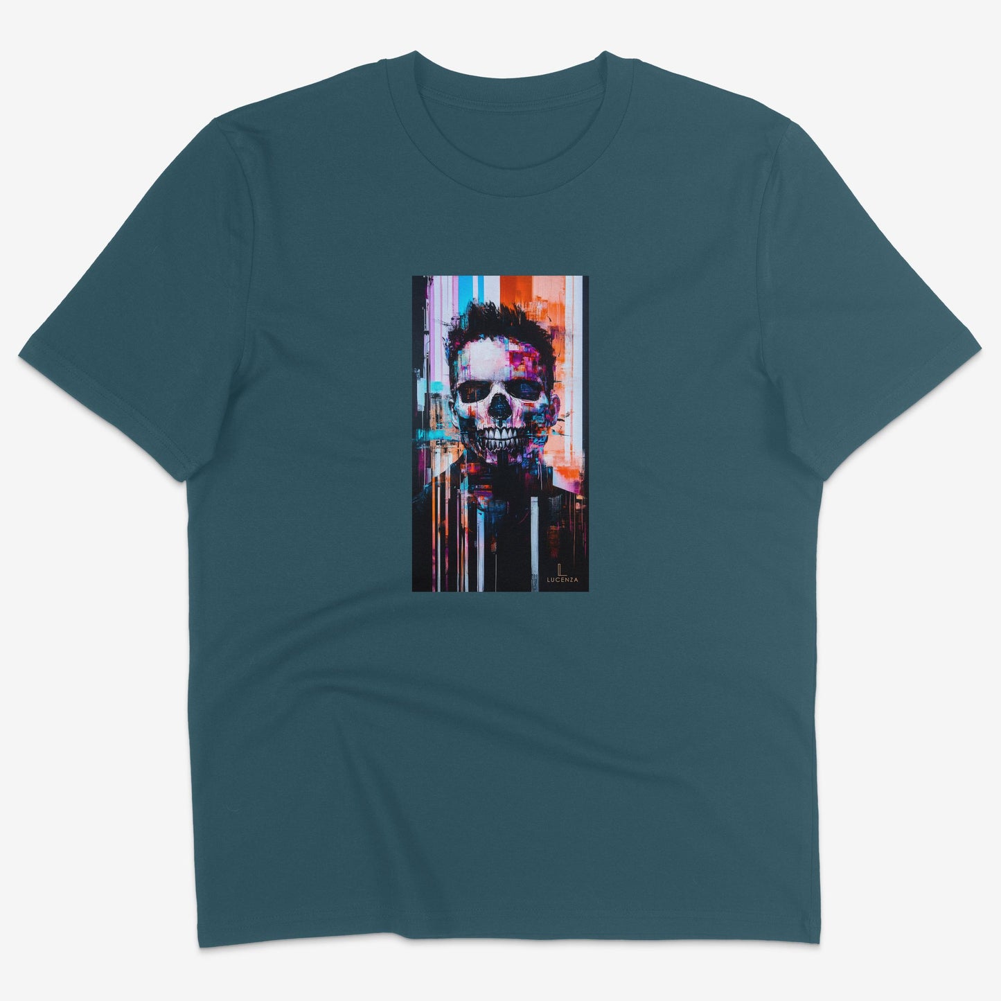 Flatlay of Lucenza Chaos 4.0 t-shirt in teal—urban streetwear with unapologetic attitude