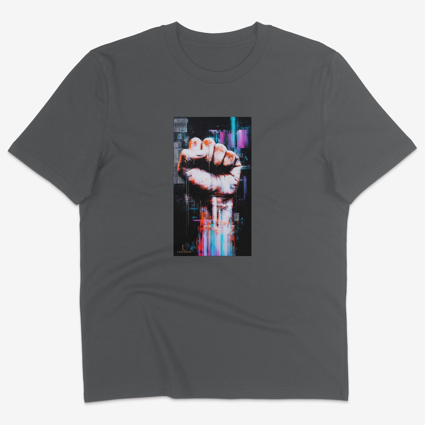 Flatlay of Lucenza Chaos 5.0 t-shirt in anthracite—urban streetwear with unapologetic attitude