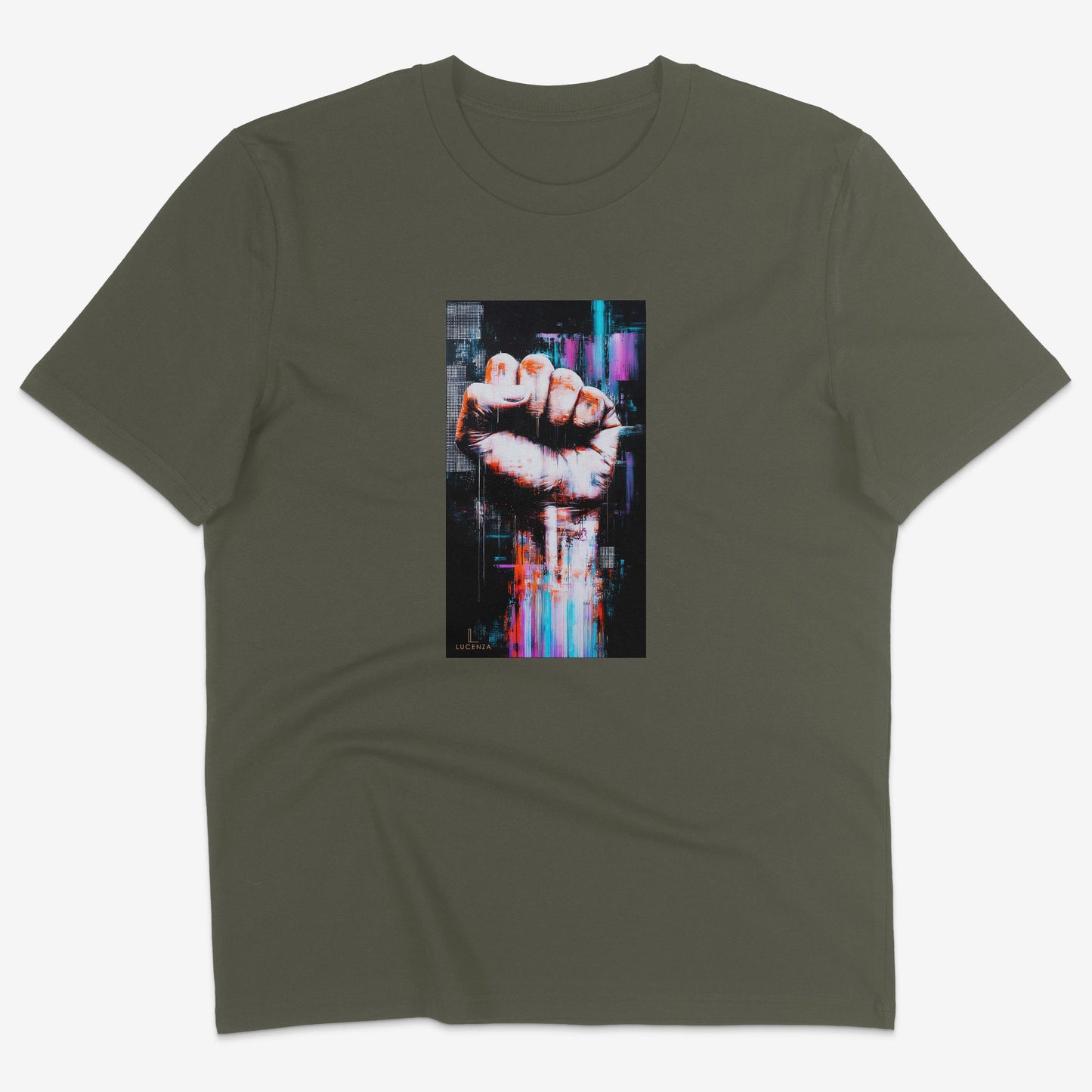 Flatlay of Lucenza Chaos 5.0 t-shirt in khaki—urban streetwear with unapologetic attitude