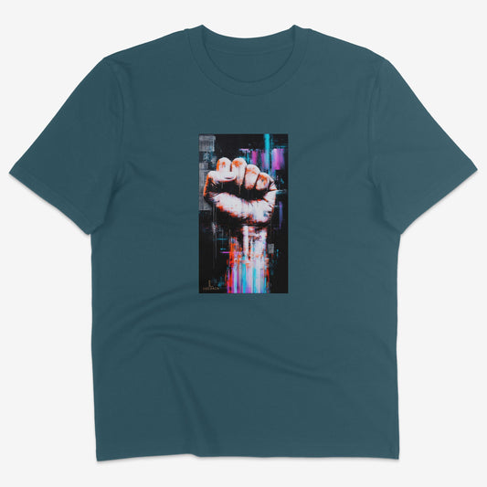 Flatlay of Lucenza Chaos 5.0 t-shirt in teal—urban streetwear with unapologetic attitude