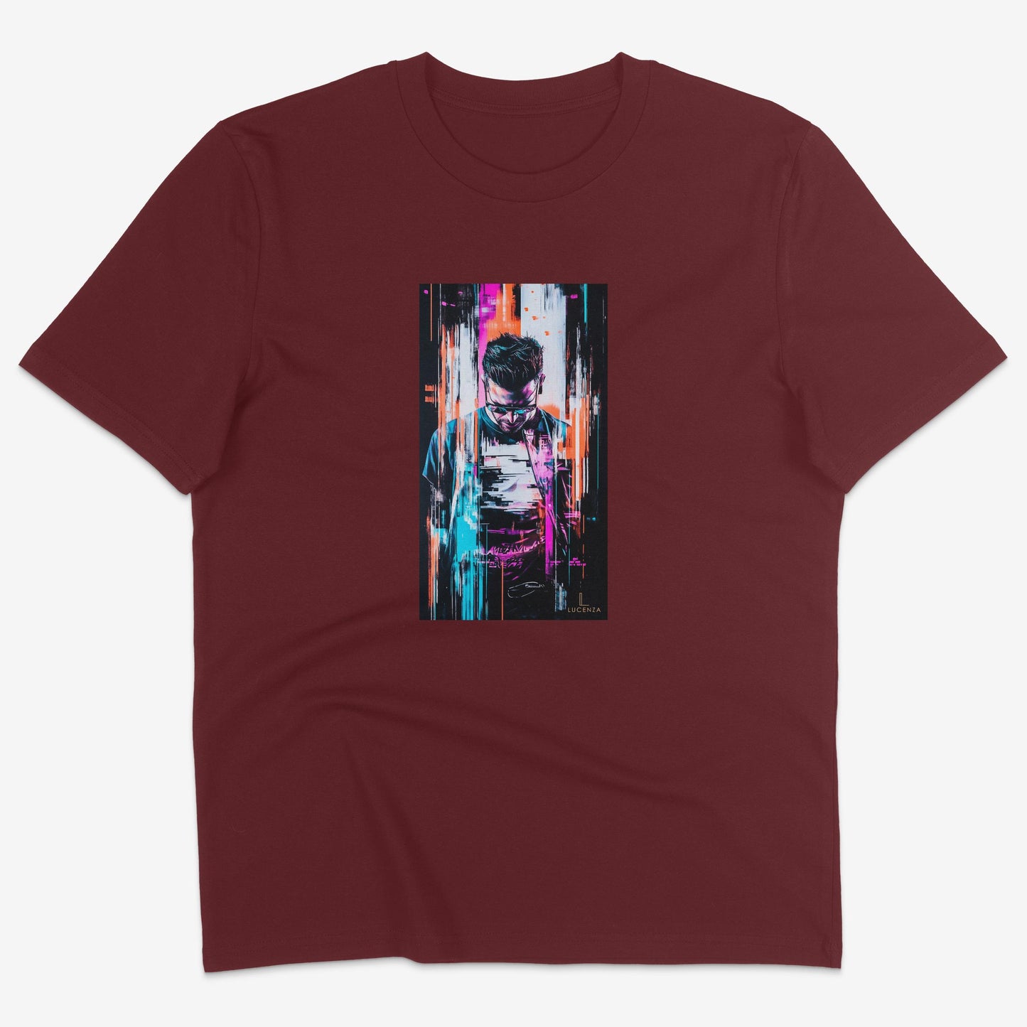Flatlay of Lucenza Chaos 6.0 t-shirt in burgundy—urban streetwear with unapologetic attitude