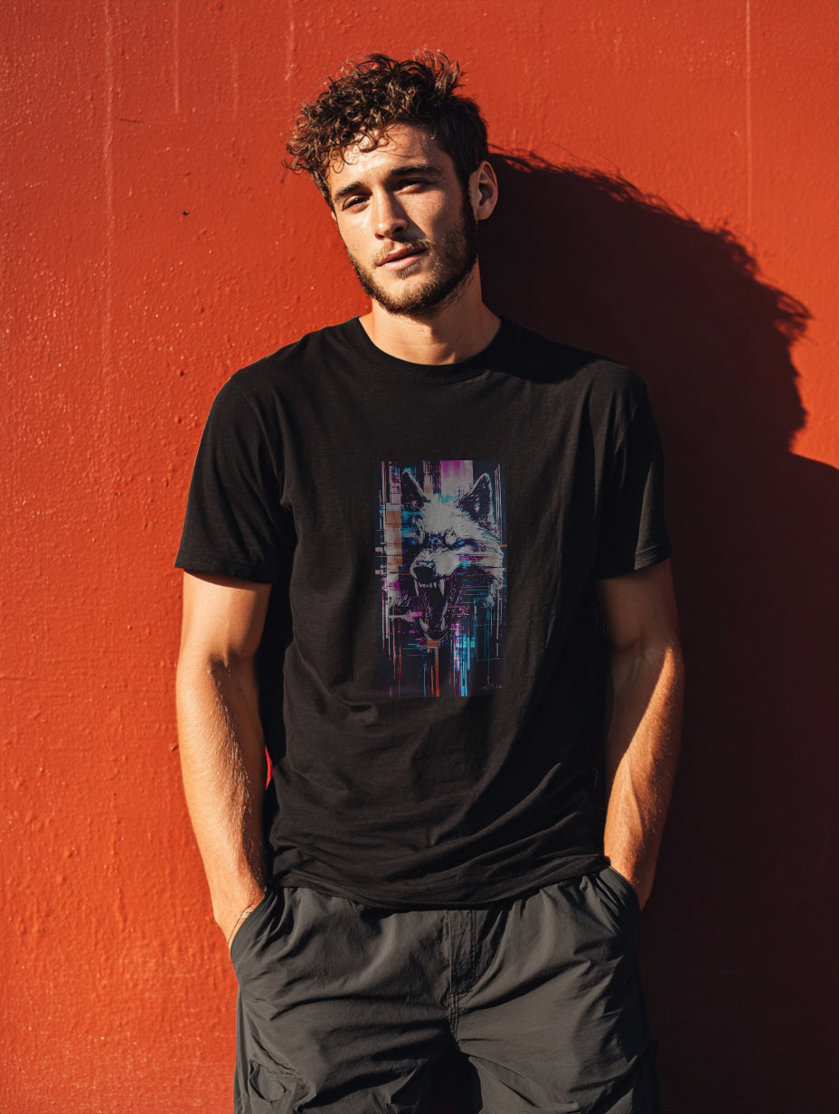 Man wearing a lucenza black t-shirt with a colorful graphic wolf design against an orange wall