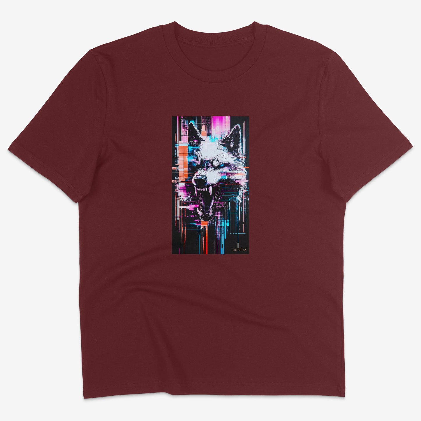 Flatlay of Lucenza Chaos 7.0 t-shirt in burgundy—urban streetwear with unapologetic attitude