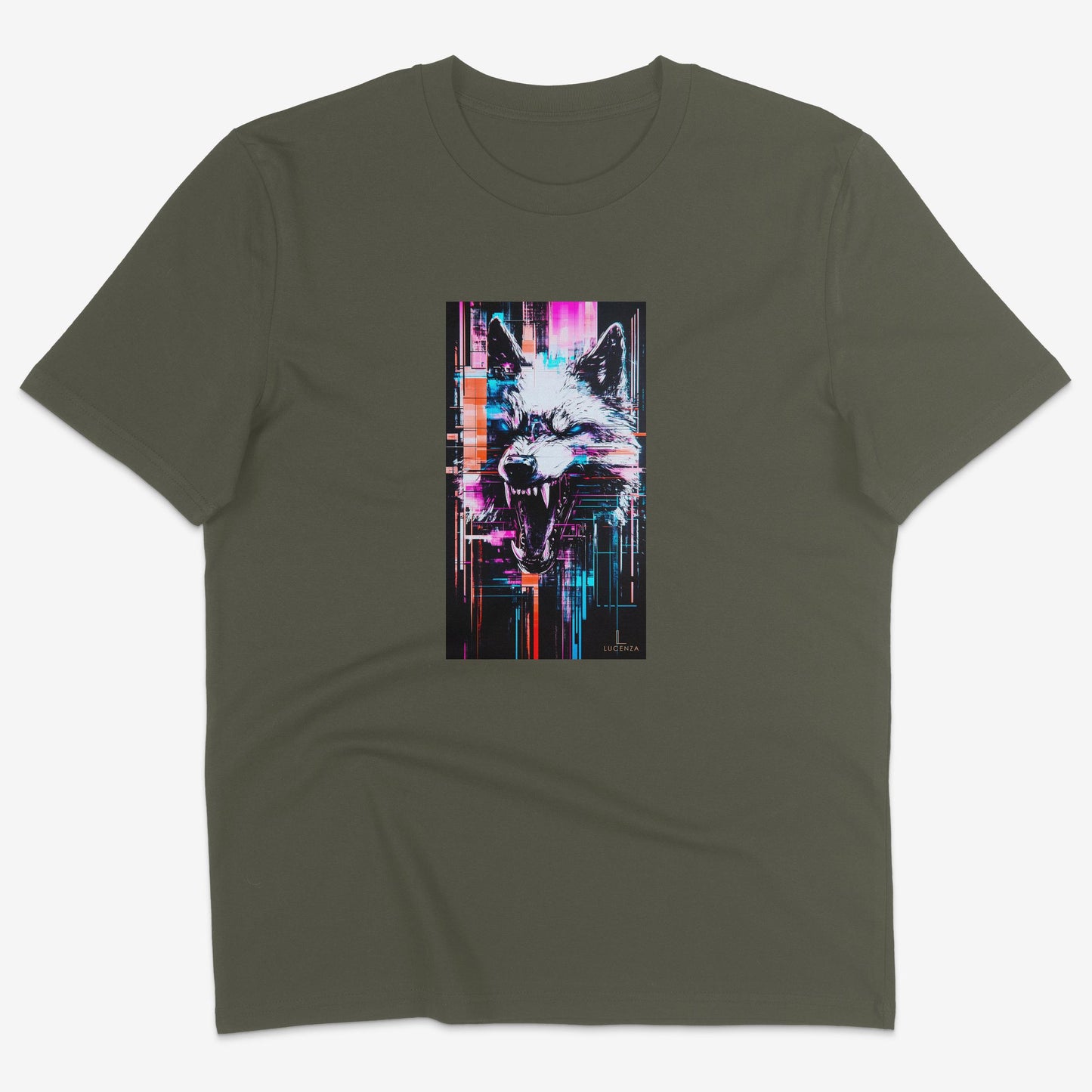 Flatlay of Lucenza Chaos 7.0 t-shirt in khaki—urban streetwear with unapologetic attitude